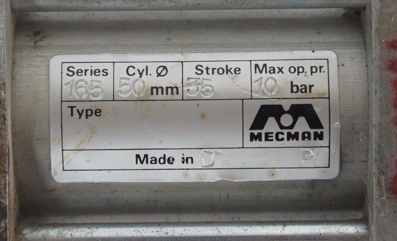 MECMAN SERIES 165 AIR CYLINDER VALVE CYL. 50MM, STROKE 35, MAX OP. PR. 10 BAR