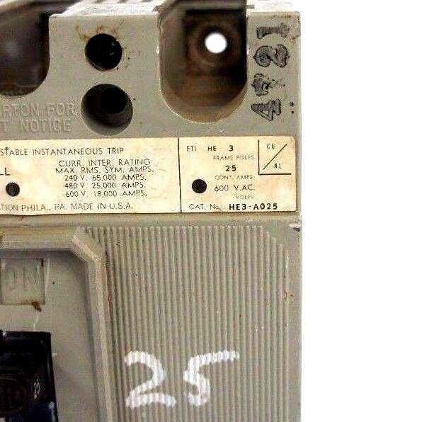 ITE SIEMENS HE3-A025 CIRCUIT BREAKER 25AMP 3POLE 600VAC