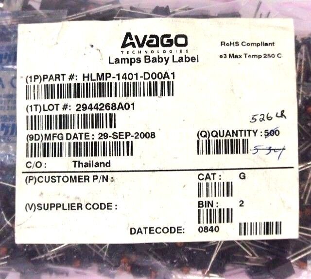 BAG OF 526 NEW AVAGO HLMP-1401-D00A1 LED, T-1, YELLOW, 3.6MCD, 585NM LAMPS