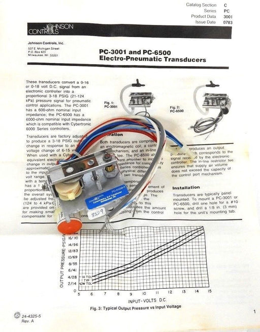 NIB JOHNSON CONTROLS P/N: H27-5024-26 CODE: PC-6500-1 CYBERTRONIC E-P TRANSDUCER