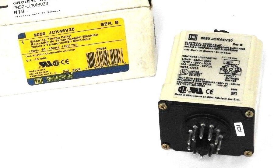 NIB SQUARE D 9050 JCK46V20 TIMING RELAY 0.1 - 10 MIN, 120V 50-400HZ 110V, SER. B