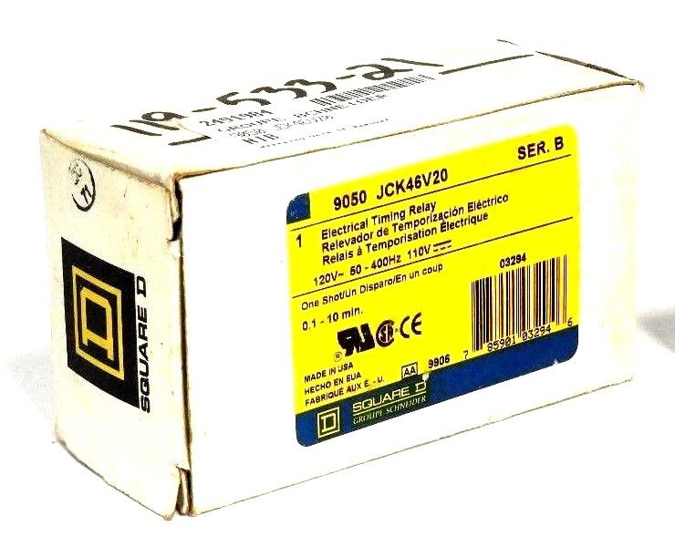 NIB SQUARE D 9050 JCK46V20 TIMING RELAY 0.1 - 10 MIN, 120V 50-400HZ 110V, SER. B