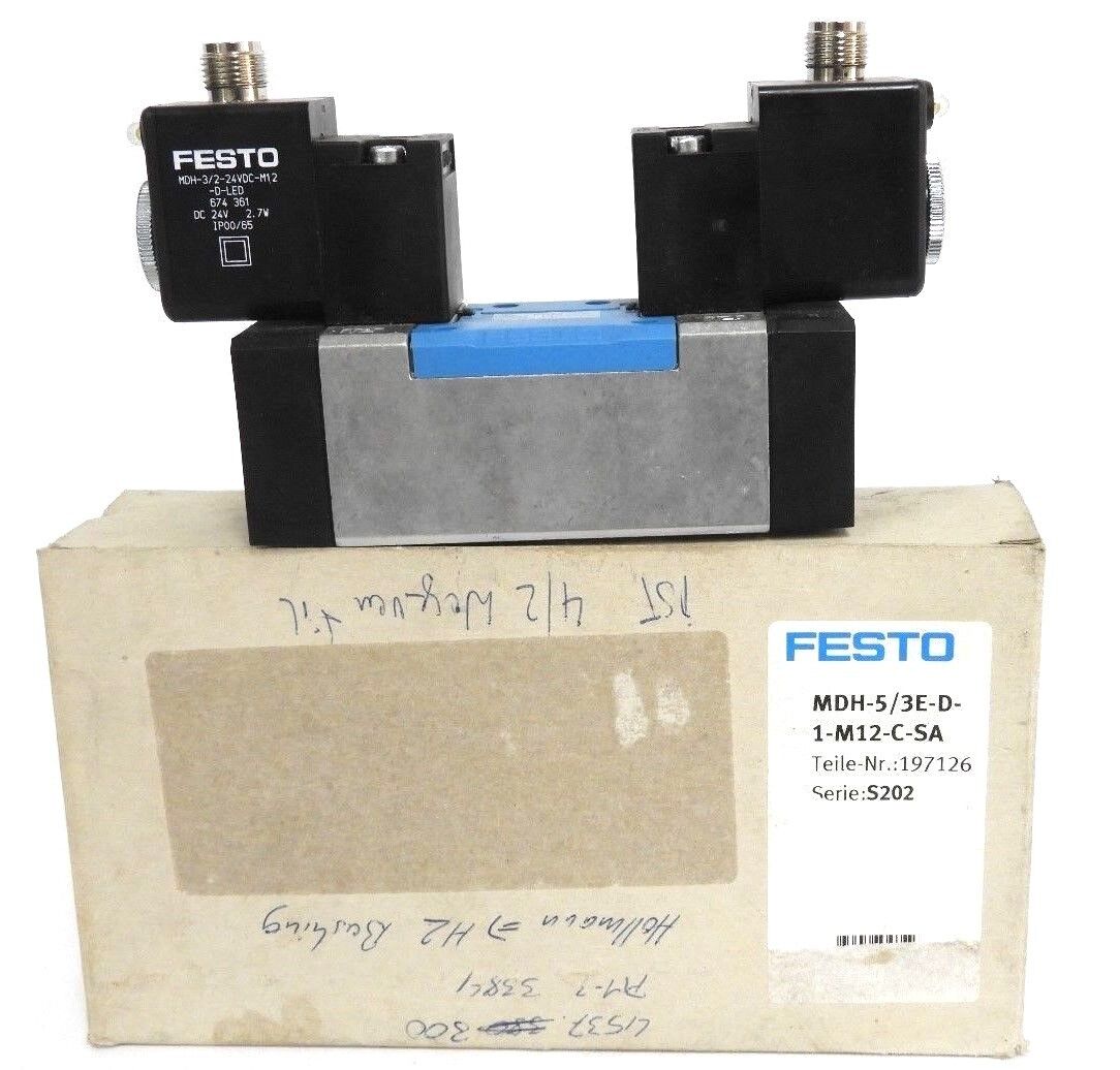 NIB FESTO MDH-5/3E-D-1-M12-C-SA VALVE MDH53ED1M12CSA, MDH-3/2-24VDC-M12-D-LED