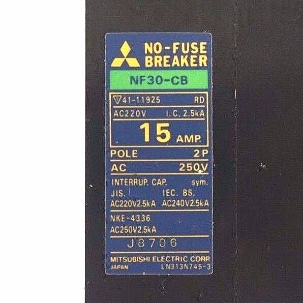 LOT OF 7 MITSUBISHI NF30-CB NO FUSE CIRUIT BREAKERS 15 AMP, 2P, 250V, NF30CB