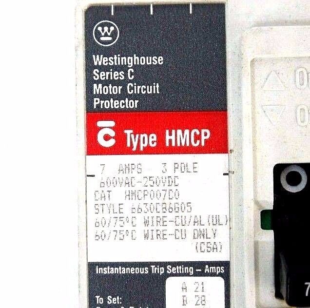 WESTINGHOUSE HMCP007C0 CIRCUIT BREAKERS STYLE# 6630C86G05, 7 AMP