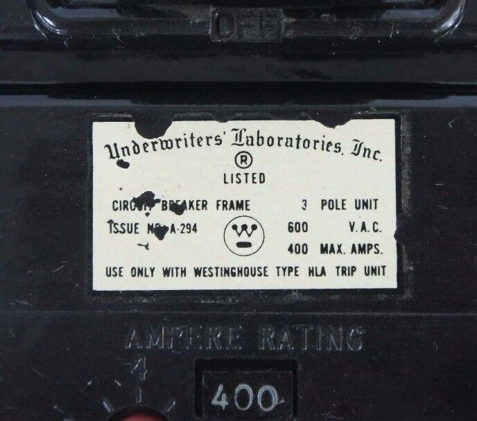 WESTINGHOUSE 186P335H01 CIRCUIT BREAKER ISSUE NO. A-294 W/ TYPE HLA TRIP UNIT