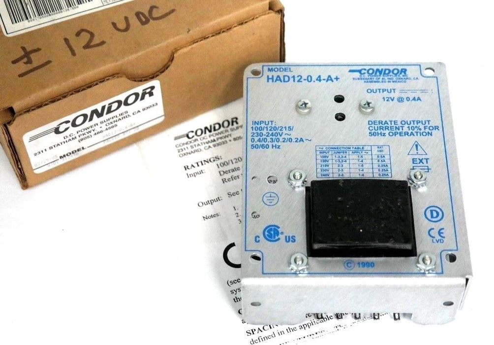 NIB CONDOR HAD12-0.4-A+ POWER SUPPLY 12V, 0.4A, 025-912448, M-0080, HAD120.4A+