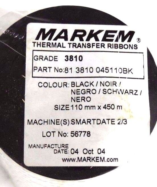 NEW MARKEM 81 3810 045110BK THERMAL TRANSFER RIBBONS BLACK, 110MMX450M, 3810