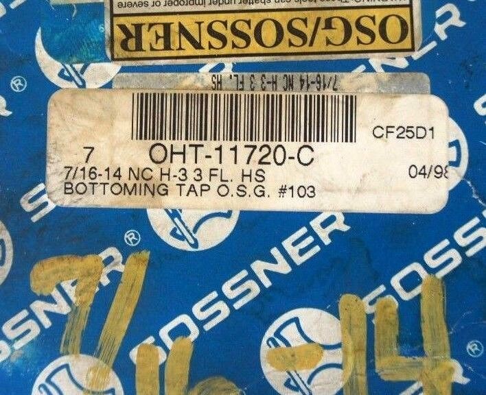 LOT OF 7 NEW SOSSNER OHT-11720-C BOTTOMING TAPS 7/16-14 NC