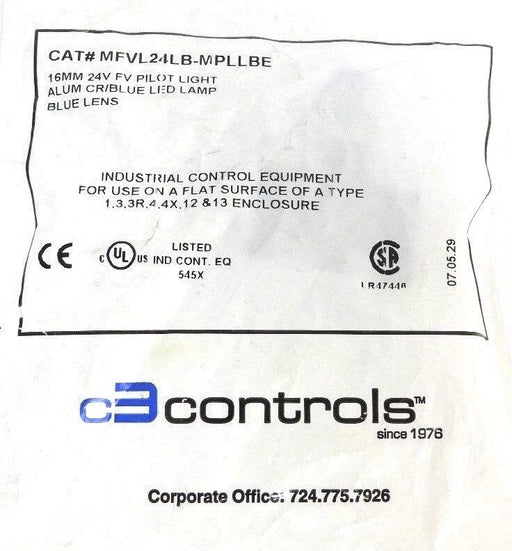 NEW C3 CONTROLS MFVL24LB-MPLLBE 16MM 24V FV PILOT LIGHT BLUE LENS