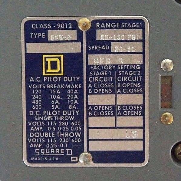 SQUARE D 9012-DCW8 PRESSURE SWITCH SER B, 20-150 PSI RANGE, 9012DCW8