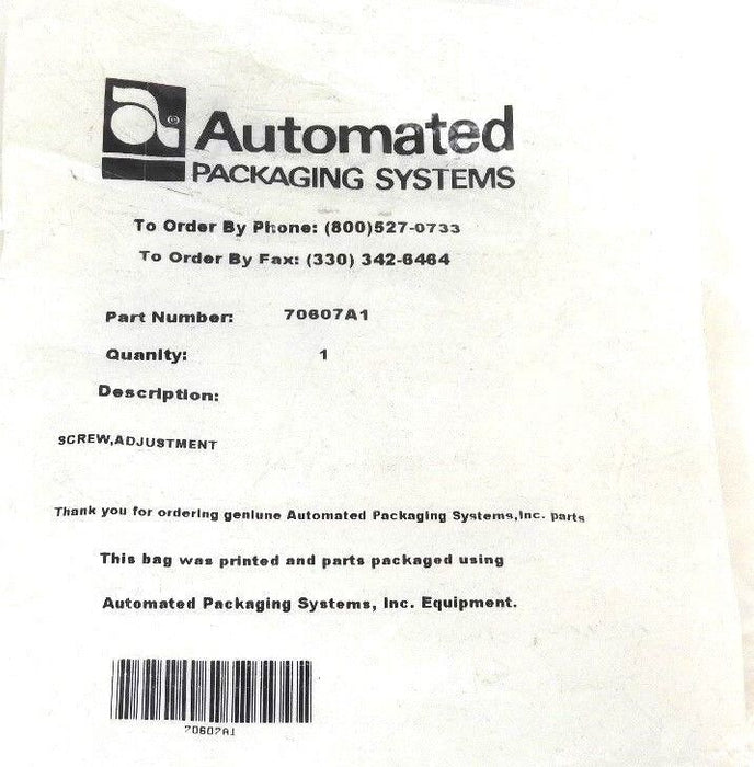 NEW AUTOMATED PACKAGING SYSTEMS 70607A1 SCREW ADJUSTMENT