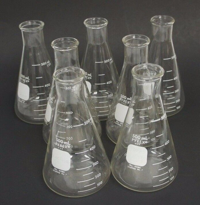 LOT OF 7 PYREX 4980 BEAKERS 500ML STOPPER NO. 7