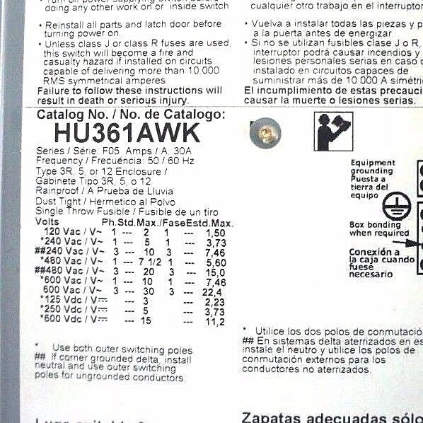 SQUARE D HU361AWK HEAVY DUTY SAFETY SWITCH 30A, 600V, NE-2002-342, MISSING CLIP