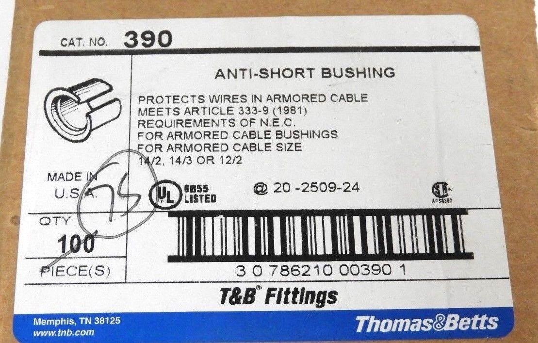 LOT OF 75 NEW THOMAS & BETTS CAT. NO. 390 ANTI-SHORT BUSHINGS