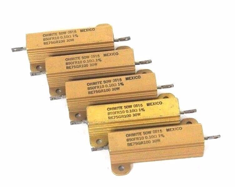 LOT OF 5 NEW OHMITE 850FR10 RESISTORS 50W, 0.10 OHMS, RE75GR100