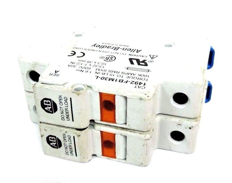 LOT OF 2 ALLEN BRADLEY 1492-FB1M30-L FUSE HOLDERS W/ FNM FUSES 1492FB1M30L