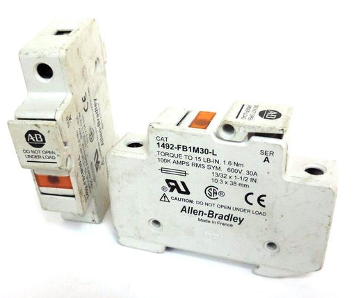 LOT OF 2 ALLEN BRADLEY 1492-FB1M30-L FUSE HOLDERS W/ FNM FUSES 1492FB1M30L