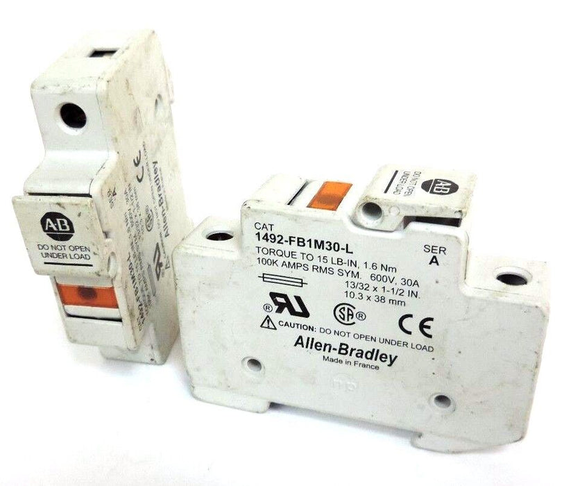 LOT OF 2 ALLEN BRADLEY 1492-FB1M30-L FUSE HOLDERS W/ FNM FUSES 1492FB1M30L