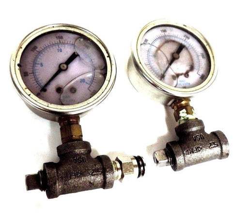 LOT OF 2 GENERIC LIQUID FILLED PRESSURE GAUGES 100XKPA, 0-300 PSI