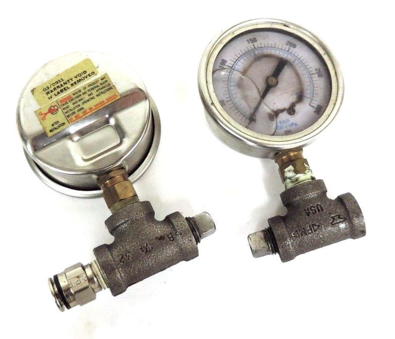 LOT OF 2 GENERIC LIQUID FILLED PRESSURE GAUGES 100XKPA, 0-300 PSI