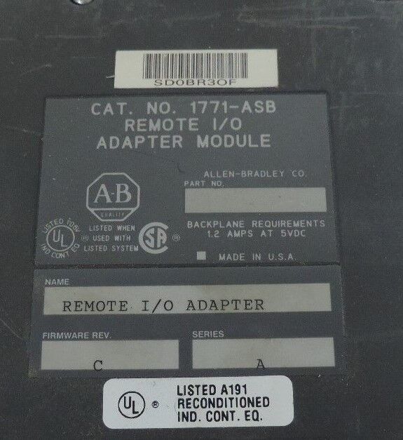 ALLEN BRADLEY 1771-ASB SER. A REMOTE I/O ADAPTER MODULE 1771ASB, F/W REV. C