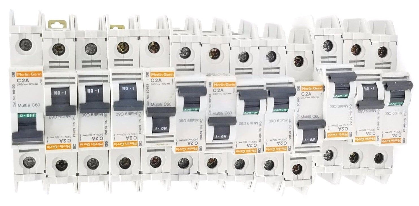 LOT OF 13 NEW MERLIN GERIN MULTI 9 C60 CIRCUIT BREAKERS 2AMP 1POLE 240VAC, 60103