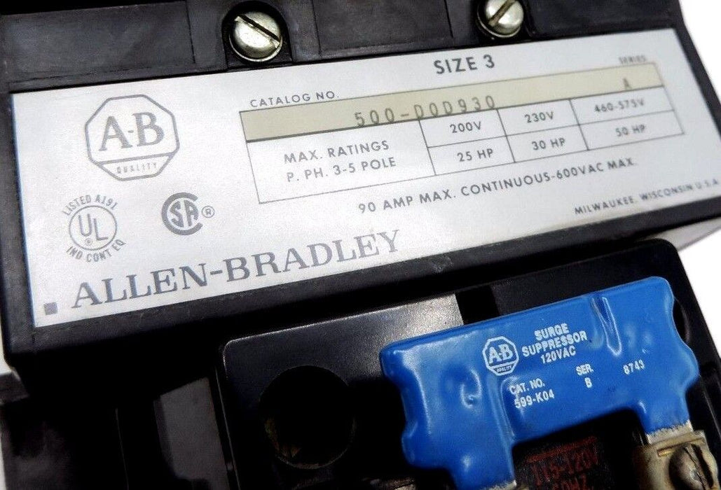 ALLEN BRADLEY 500-DOD930 SER. A SIZE 3  STARTER 90A 600V W/ CD236 COIL