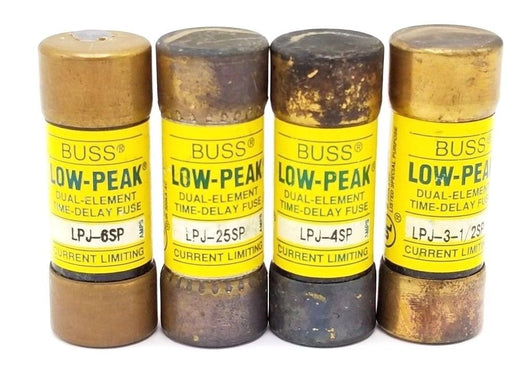 LOT OF 4 COOPER BUSSMANN LOW-PEAK FUSES LPJ-3-1/2SP, LPJ-4SP, LPJ-25SP, LPJ-6SP