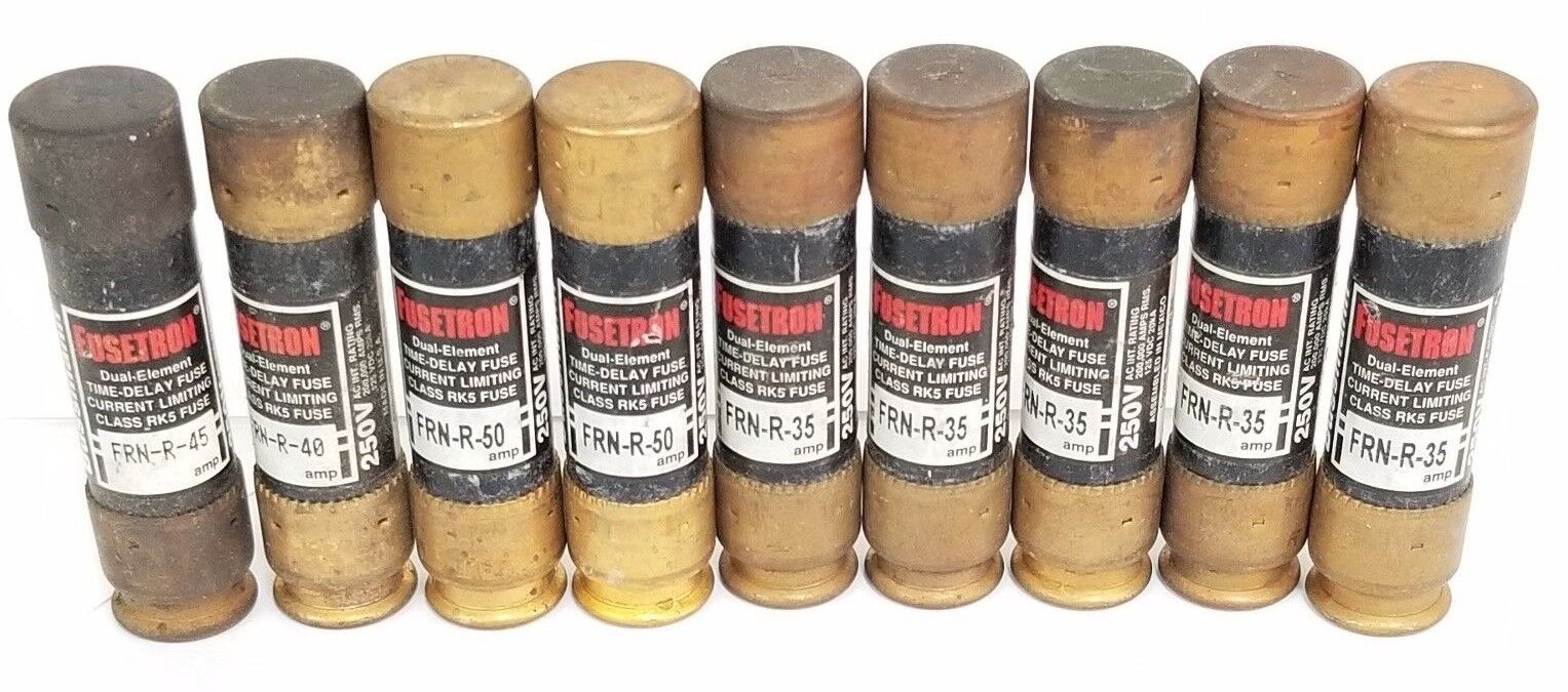 LOT OF 9 COOPER BUSSMANN FUSETRON FUSES FRN-R-35, FRN-R-40, FRN-R-45, FRN-R-50