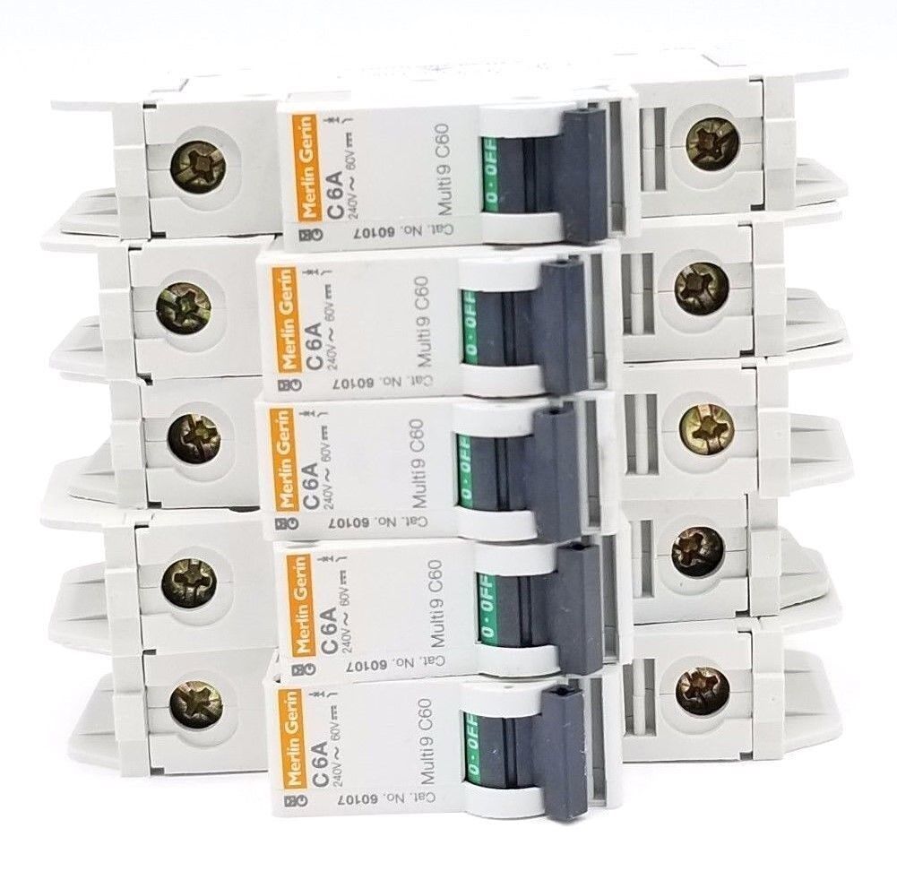 LOT OF 5 MERLIN GERIN 60107 MULTI 9 C60 CIRCUIT BREAKERS C6A 240V~ 60V