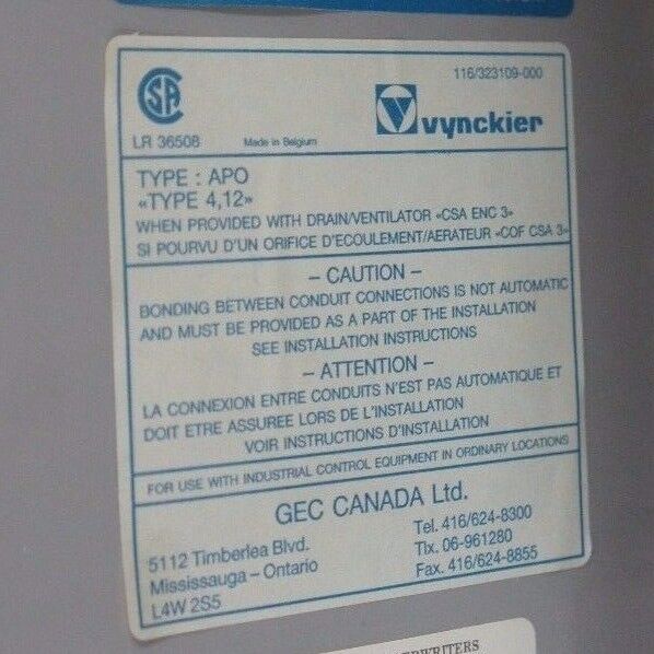 FURNAS VYNCO ENCLOSURES TYPE: APO, Z-939253 TYPE: 4, 12