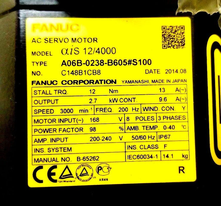 NEW FANUC A06B-0238-B605#S100 AIS 12/4000 2.7kW AC SERVO MOTOR W/ A860-2010-T321