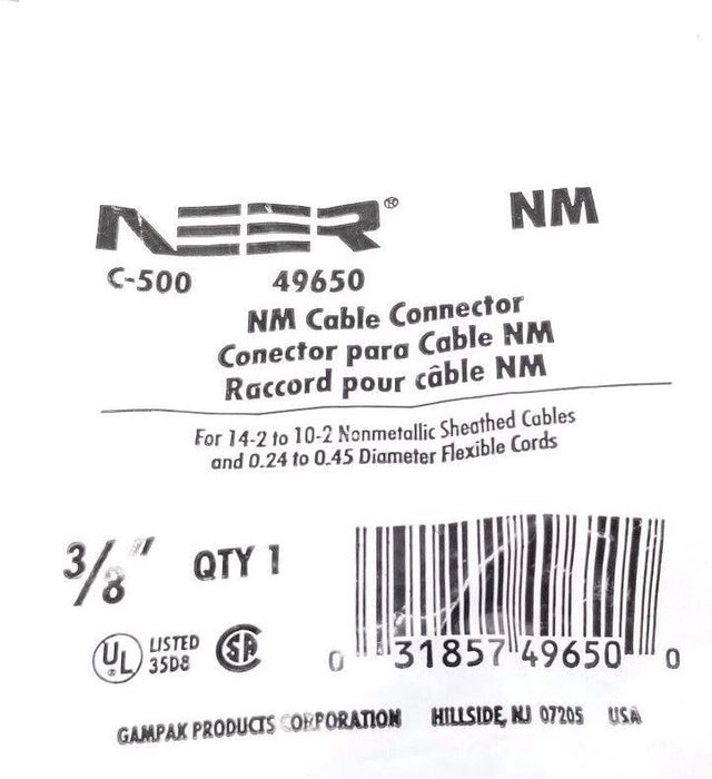 NEW NEER 49650 NM CABLE CONNECTOR C-500, 3/8''
