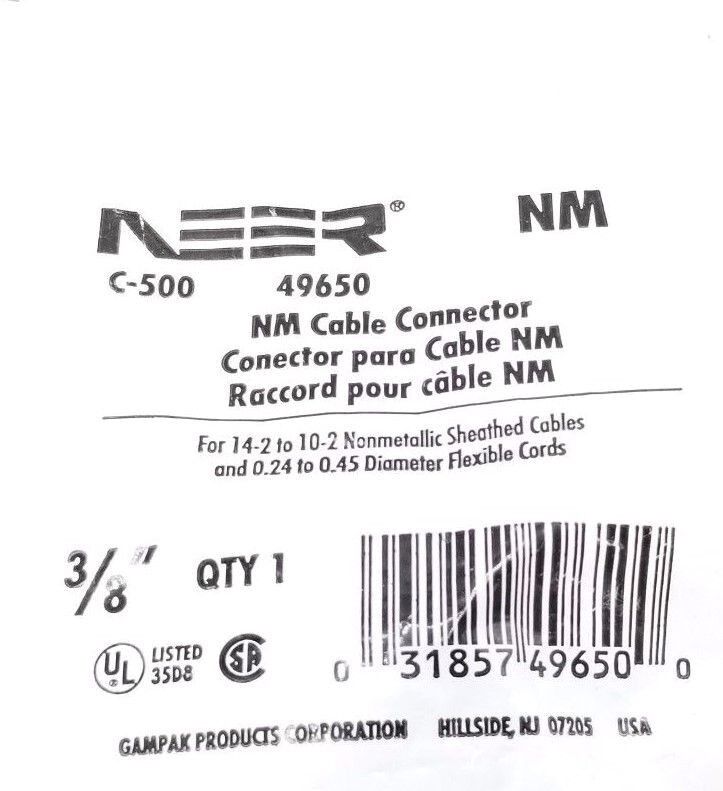 NEW NEER 49650 NM CABLE CONNECTOR C-500, 3/8''