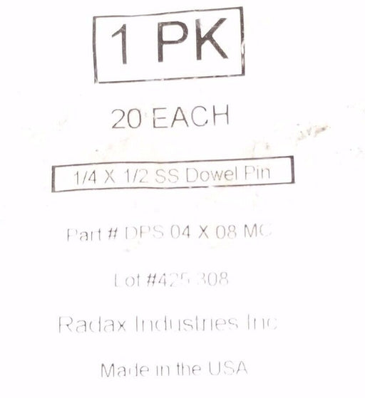 LOT OF 16 NEW RADAX 1/4 X 1/2 SS DOWEL PINS P/N: DPS 04 X 08 MC
