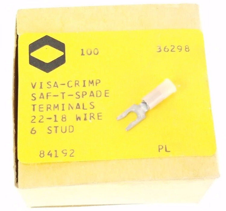 BOX OF 100 NEW VISA-CRIMP 84192, SAF-T-SPADE TERMINALS 22-18 WIRE 6 STUD