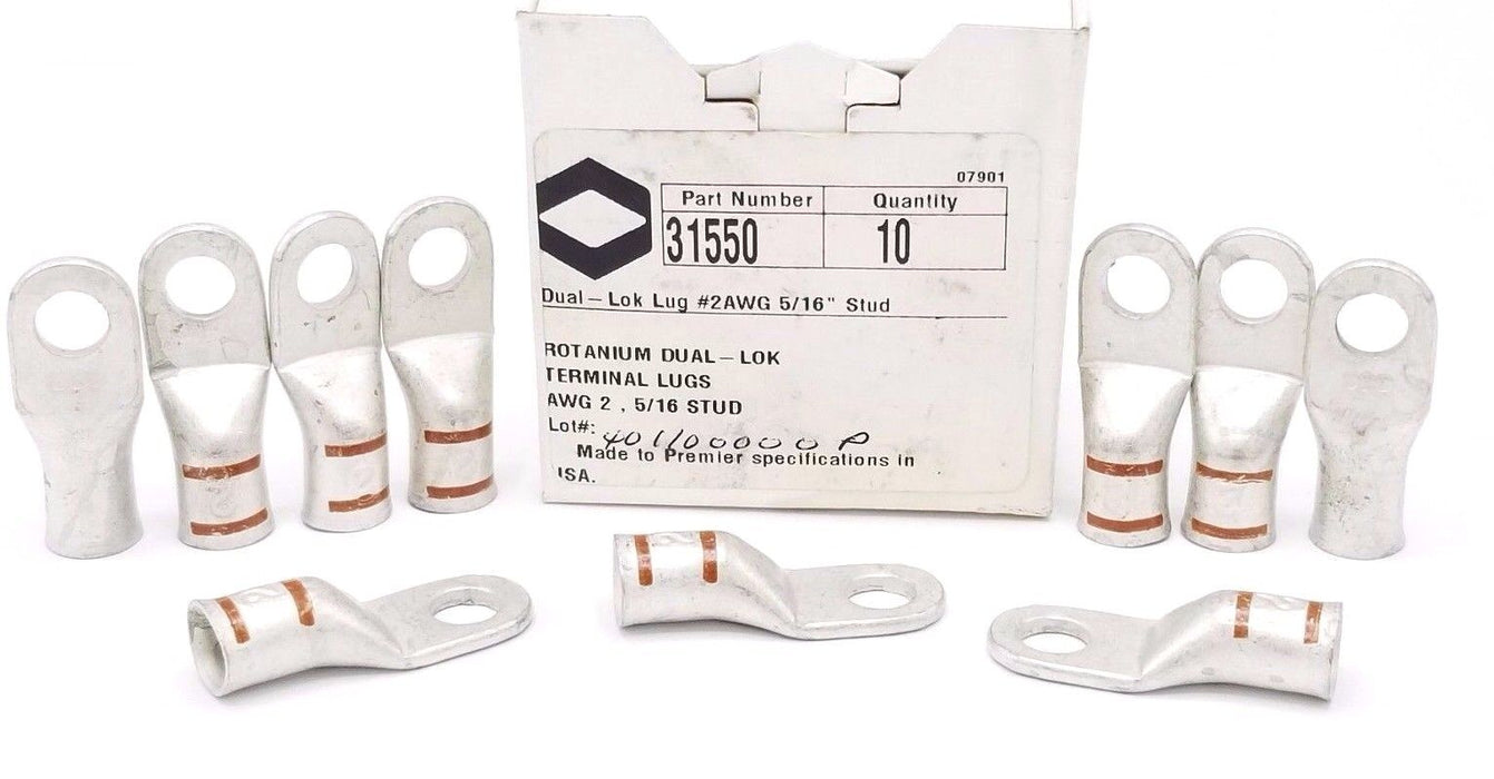 BOX OF 10 NEW ROTANIUM DUAL-LOK 31550 TERMINAL LUGS 5/16 STUD, AWG 2