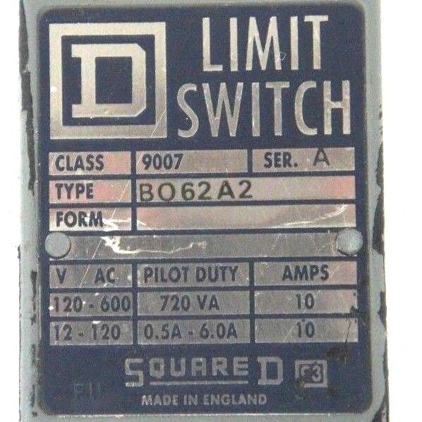 SQUARE D CLASS 9007 TYPE BO62A2 LIMIT SWITCH SER. A, 9007-BO62A2