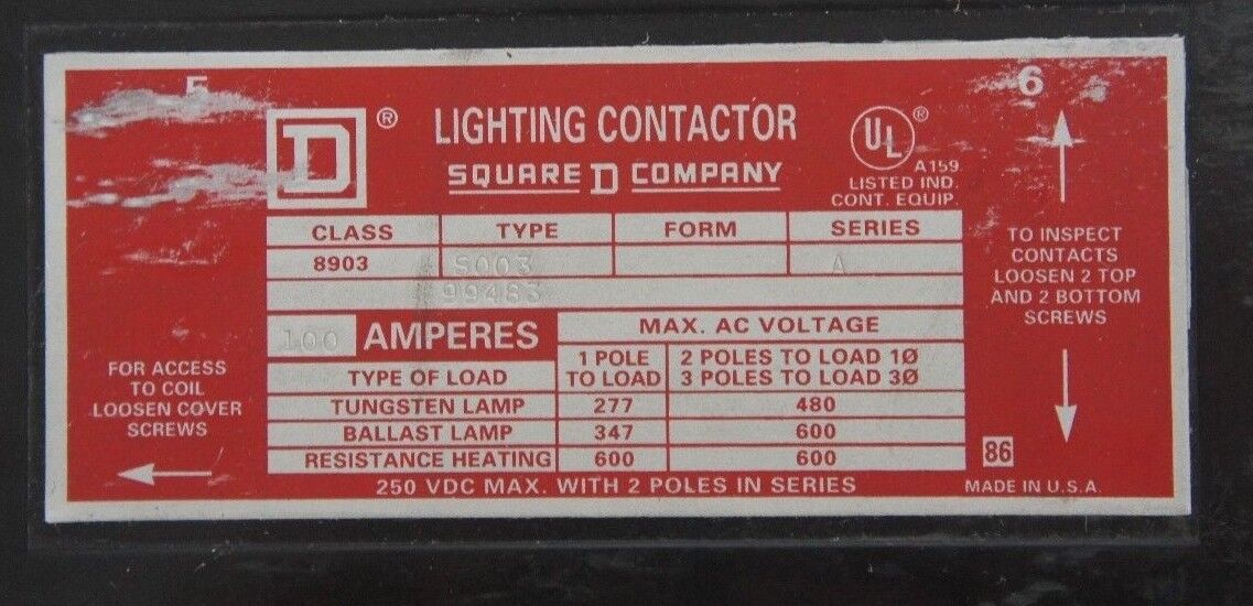 SQUARE D 8903SQO3 LIGHTING CONTACTOR 100A, 277/347/480/600V, SER A, 8903SQO3V04