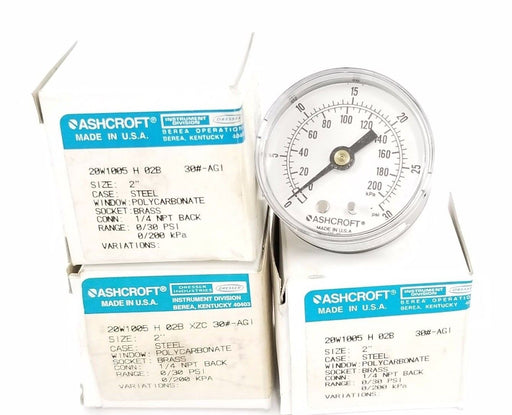LOT OF 3 NIB ASHCROFT 20W1005H02B PRESS. GAUGE 1/4'' NPT, 0/30 PSI, 20W1005H02BX