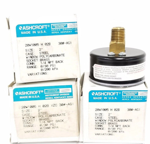 LOT OF 3 NIB ASHCROFT 20W1005H02B PRESS. GAUGE 1/4'' NPT, 0/30 PSI, 20W1005H02BX