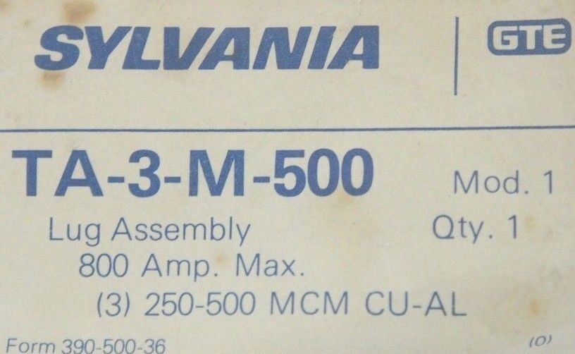 NEW SYLVANIA TA-3-M-500 LUG ASSEMBLY 800 AMP MAX TA3M500