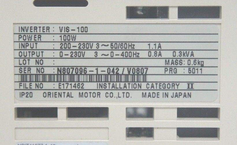 ORIENTAL MOTOR VIS-100 AC DRIVE 100W, MODEL VI90S VIS100