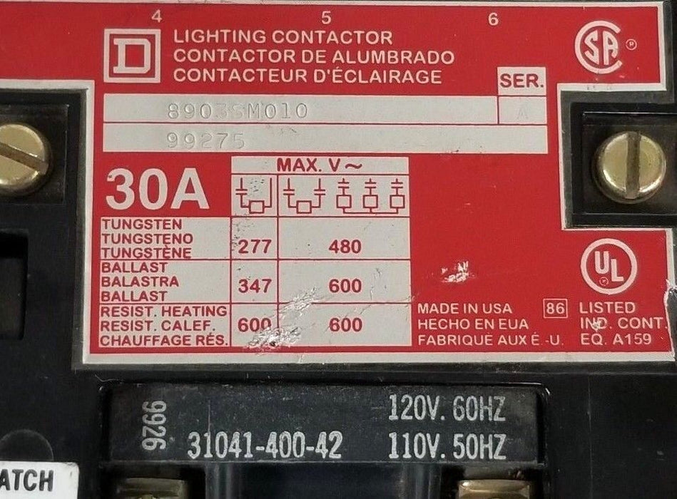 SQUARE D 8903SM010 SERIES A LIGHTING CONTACTOR, 30A