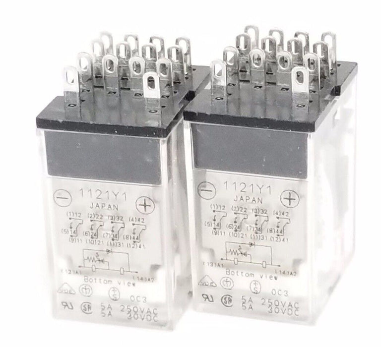 (2) NEW OMRON MY4N-D2 24VDC RELAYS, 5AMP 240VAC 24VDC COIL 4PDT 14BLADE W/ LED