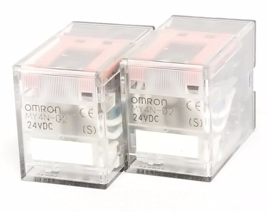 (2) NEW OMRON MY4N-D2 24VDC RELAYS, 5AMP 240VAC 24VDC COIL 4PDT 14BLADE W/ LED