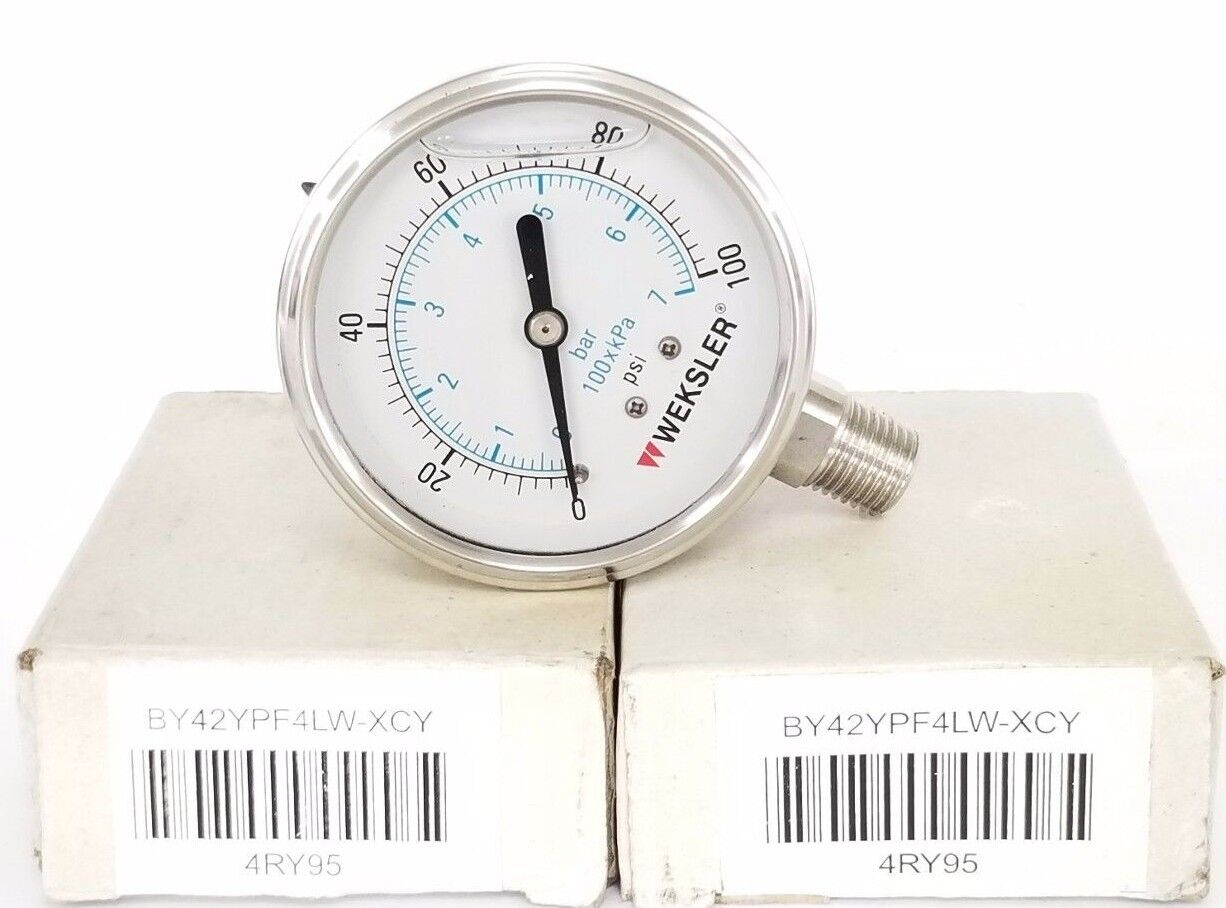 LOT OF 2 NIB WEKSLER BY42YPF4LW-XCY PRESSURE GAUGES 4RY95, 0-100PSI, 0-7BAR
