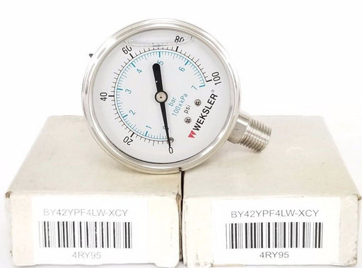 LOT OF 2 NIB WEKSLER BY42YPF4LW-XCY PRESSURE GAUGES 4RY95, 0-100PSI, 0-7BAR