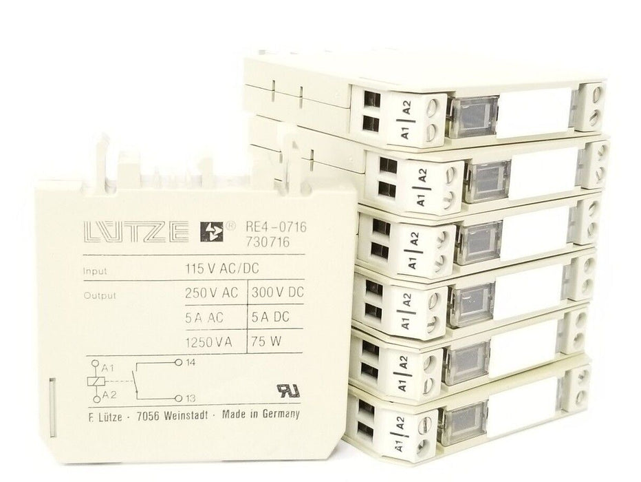 LOT OF 7 LUTZE RE4-0716 RELAYS 115V INPUT, 730716, RE40716